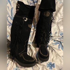 Black Fringe Knee-High Boots